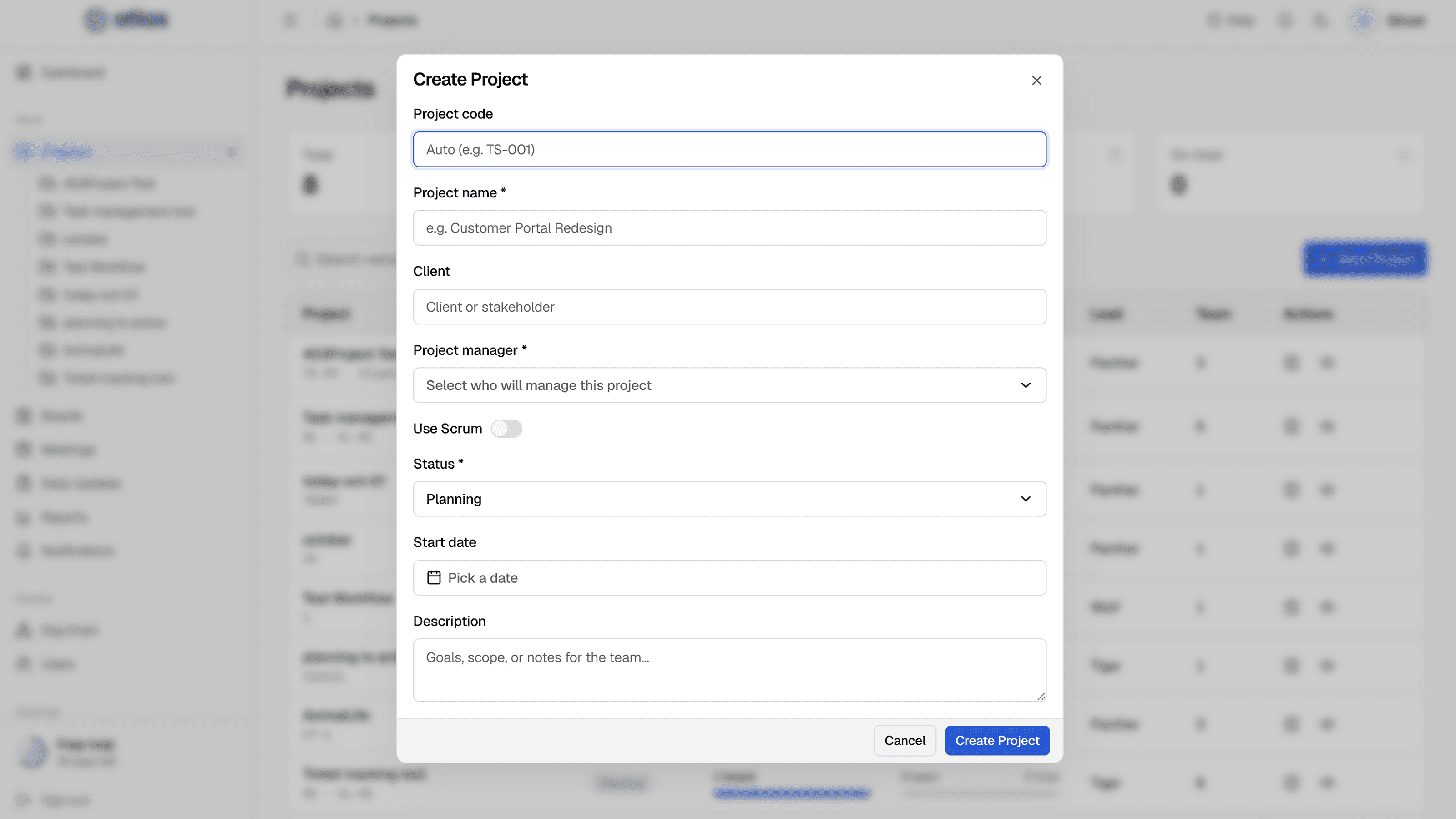 The Create Project dialog.