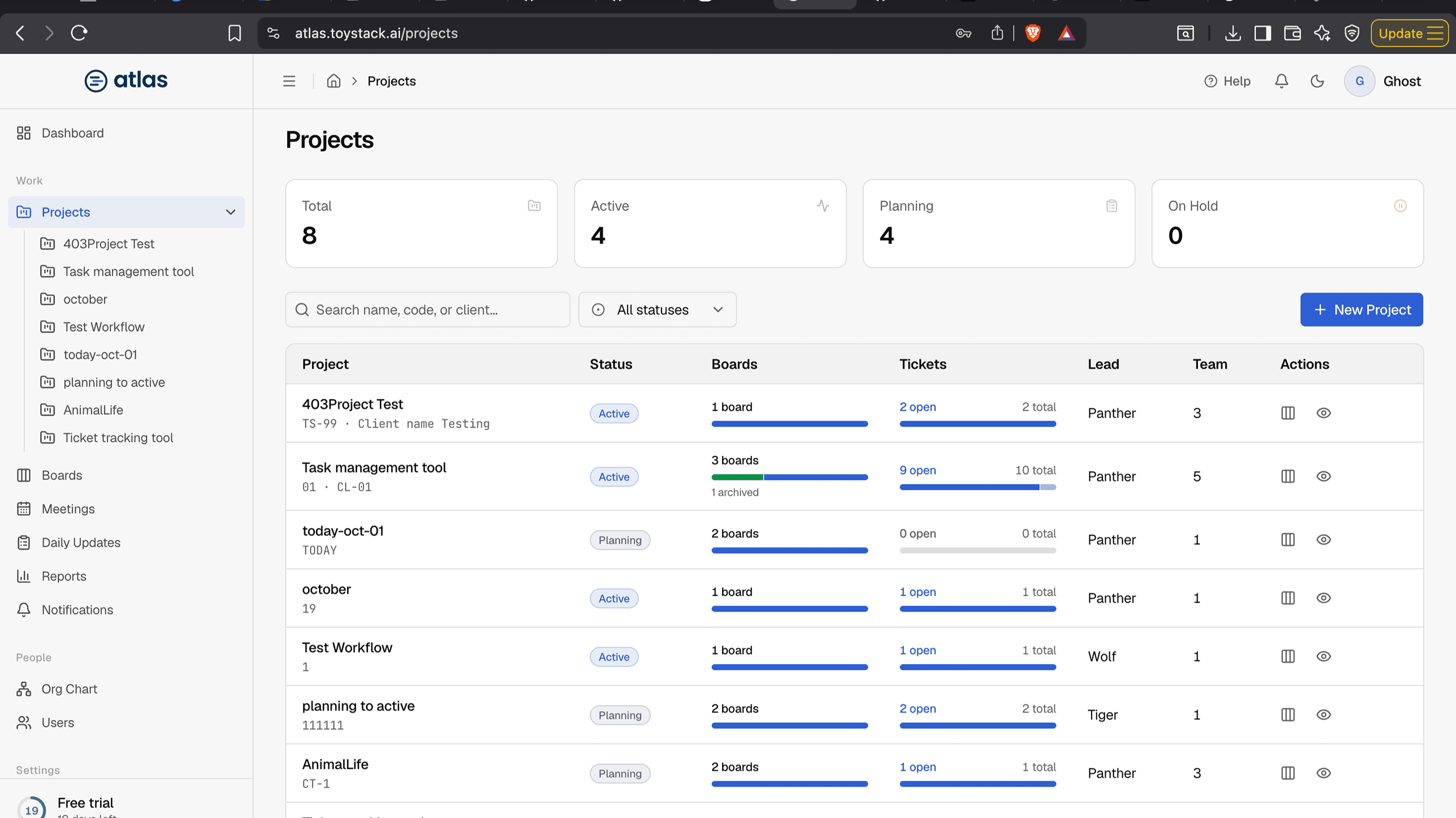 The Projects list.
