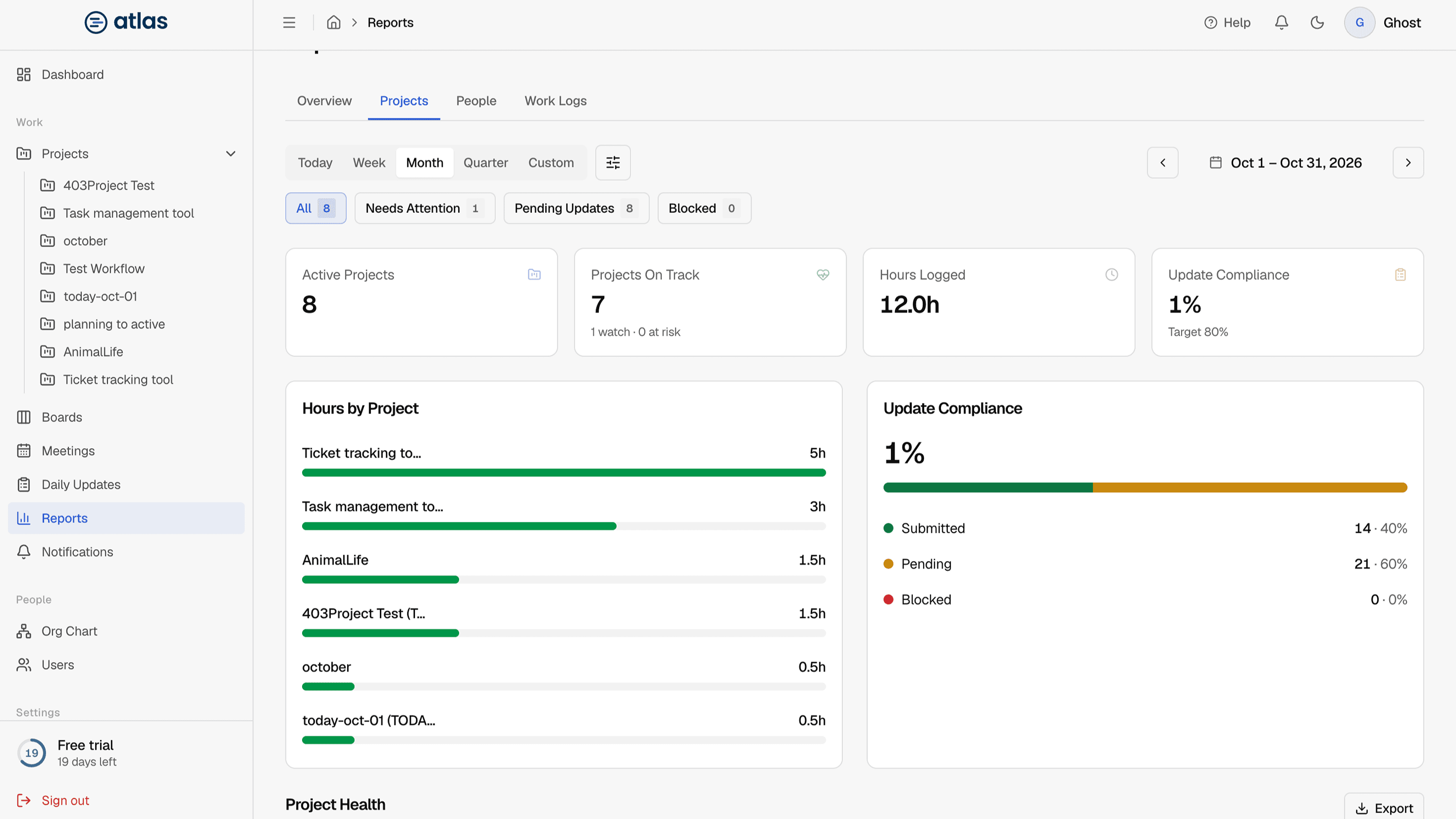 Reports, Projects tab, with the period and filters.