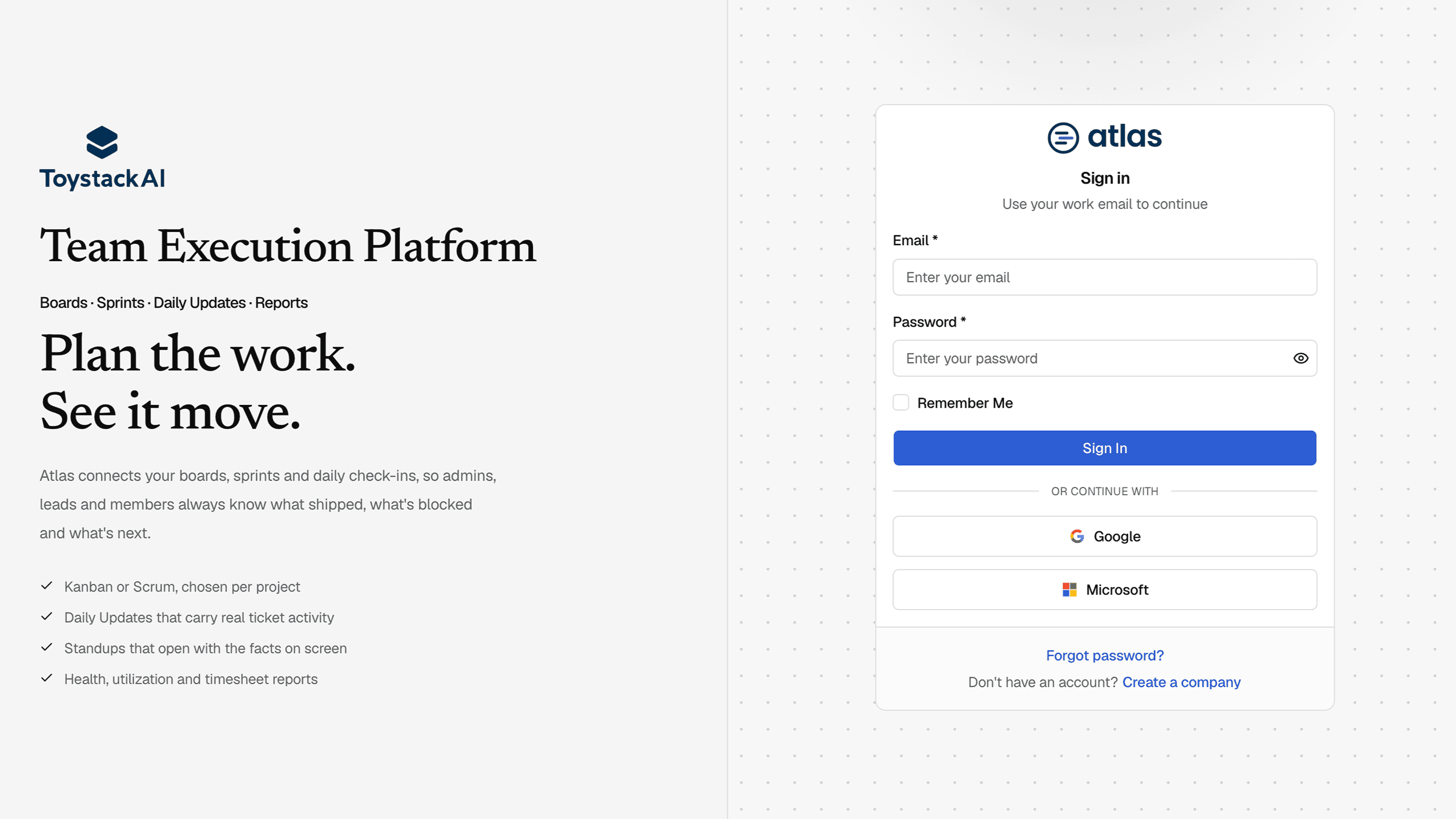 The sign-in page with email, Google and Microsoft options.