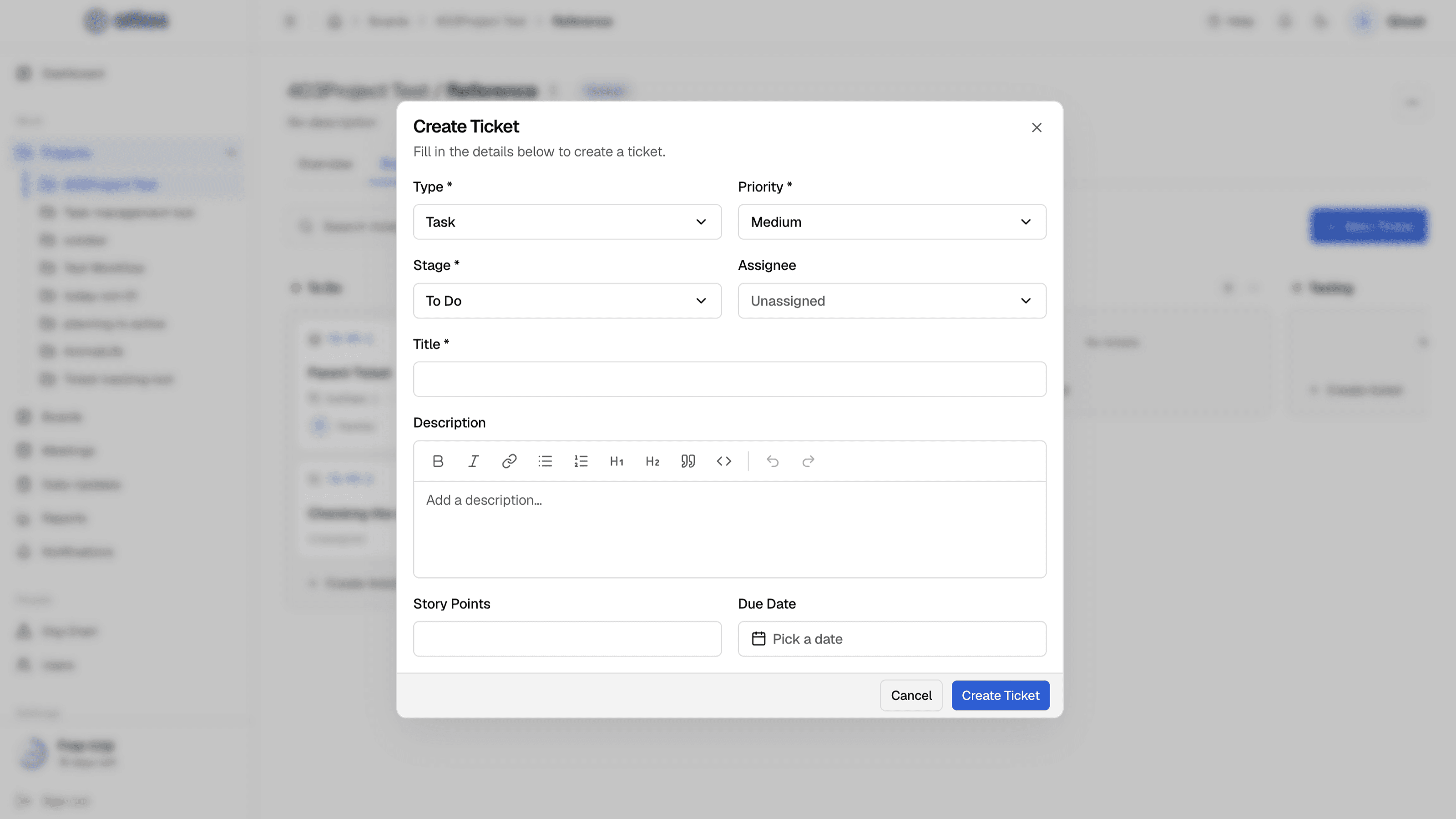 The Create Ticket dialog with the rich text editor.