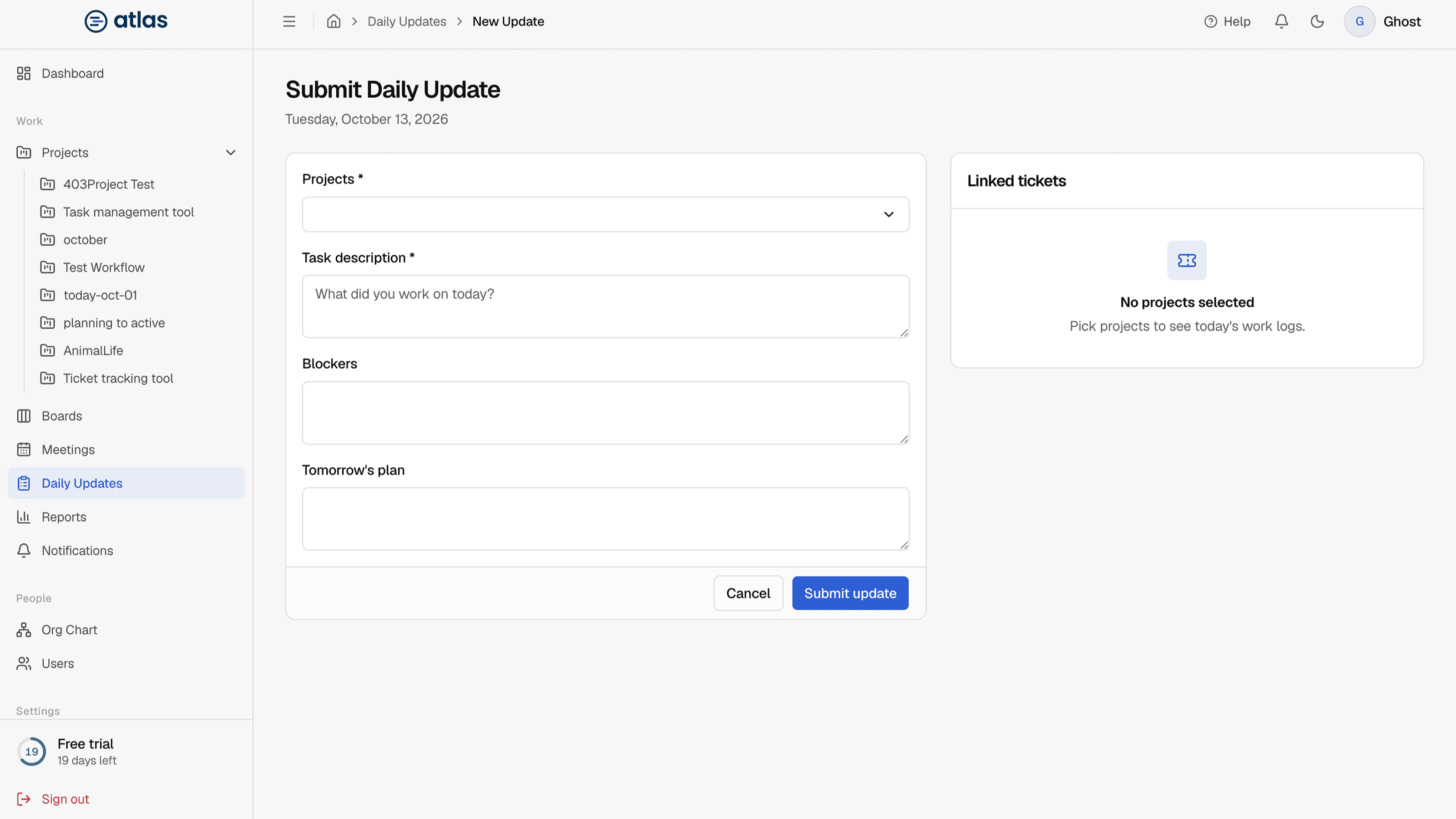The daily update form with the Linked tickets panel.